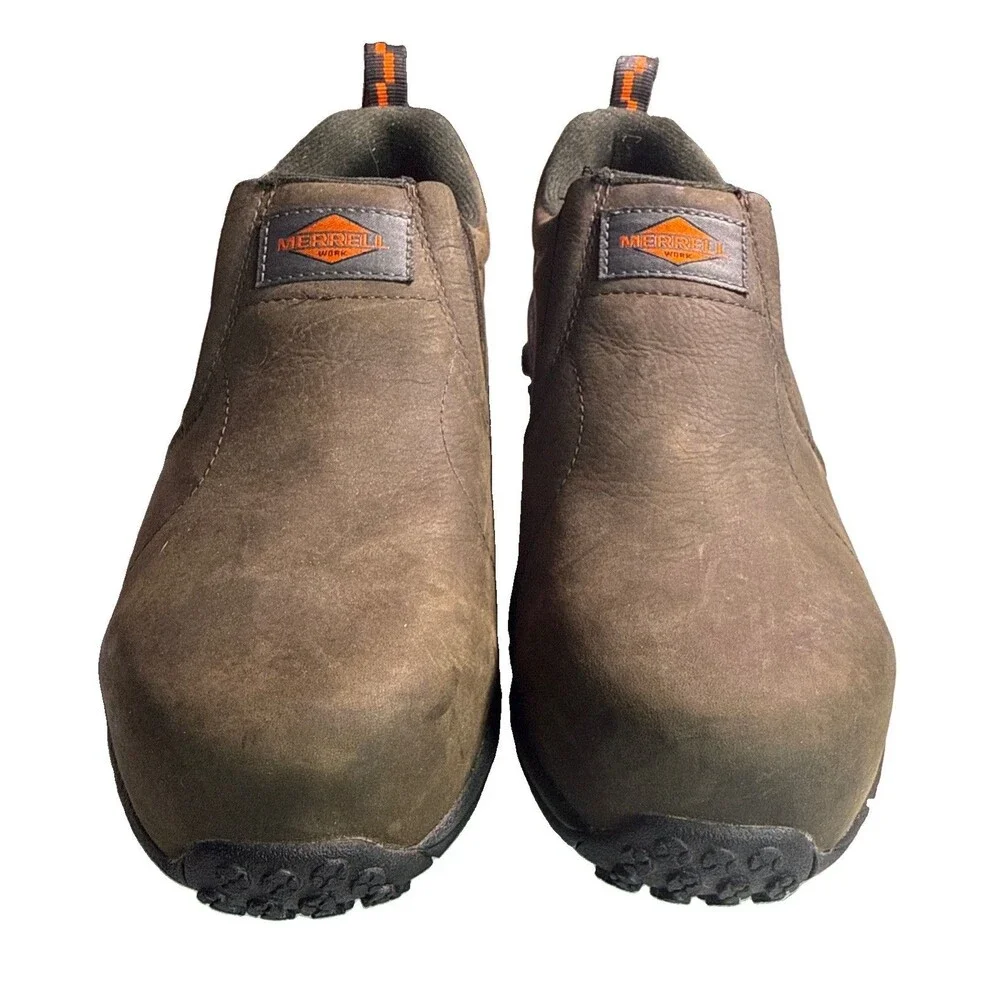 Merrell Work Men’s Jungle Moc Leather Composite Toe Slip on Work shoes Brown 8